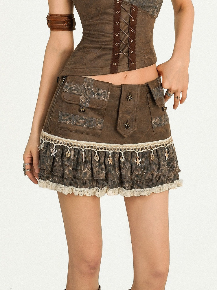Vintage Punk Coffee Lace Trim A-Line Skirt with Shell Pendant Detail