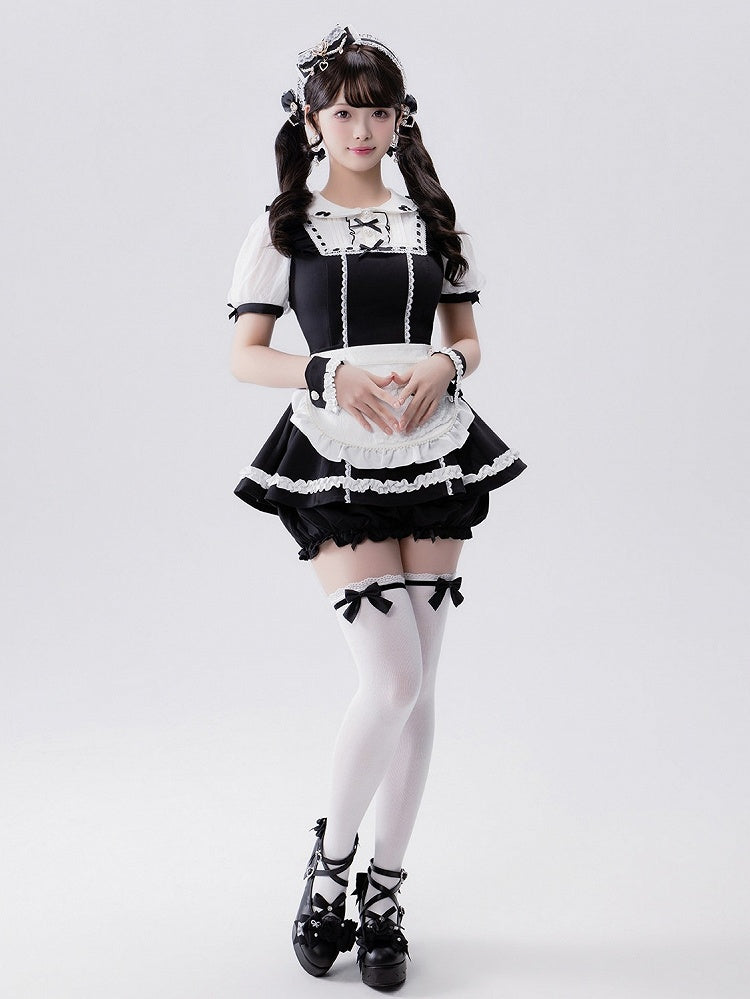 Jirai-kei Maid 4-Piece Set: Dress, Wrist Cuffs, Bloomers, Apron - Fluffy Heart