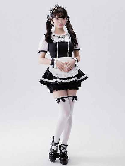 Jirai-kei Maid 4-Piece Set: Dress, Wrist Cuffs, Bloomers, Apron - Fluffy Heart