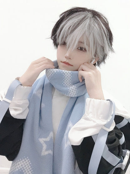 White-Blue Reversible Scarf with Star & Heart Knit - Alita26SS