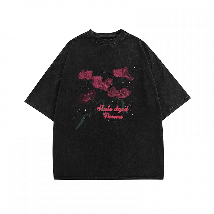 Rose Print Black Faded Wash Distressed Oversize T-shirt Red