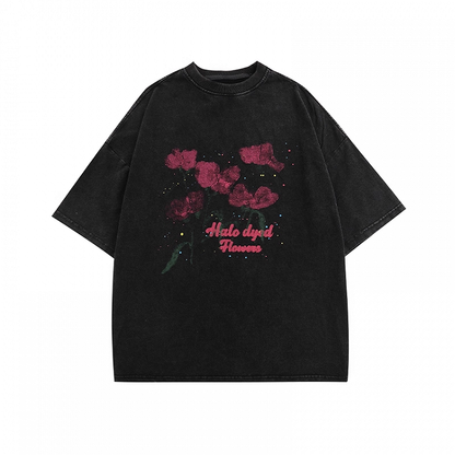 Rose Print Black Faded Wash Distressed Oversize T-shirt Red