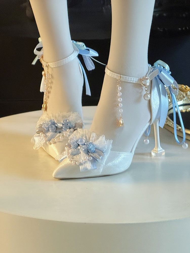 Modern Chinese Blue Pointed Toe High Heels with Pearl & Bow Accents - A Sky Rabbit