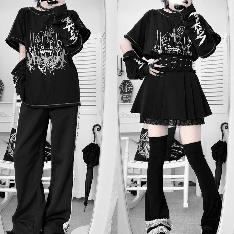 Rabbit with Zippers Top Print Sleeve Black/White Shattered Kei Convertible Jirai