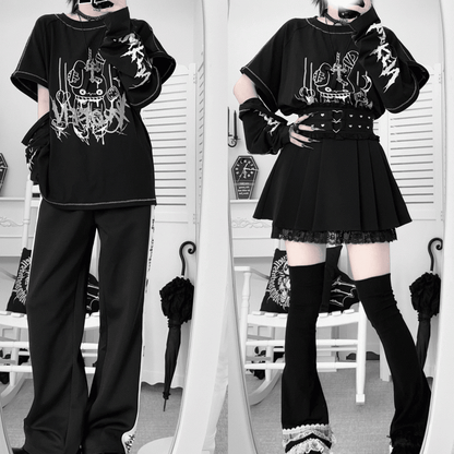 Rabbit with Zippers Top Print Sleeve Black/White Shattered Kei Convertible Jirai