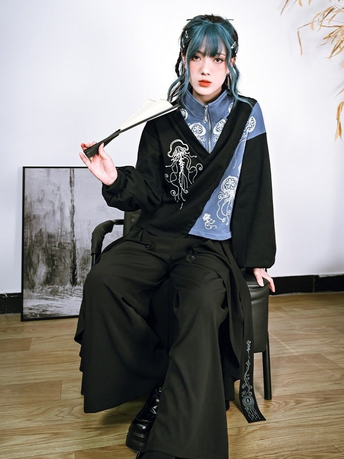 Black & Blue Asymmetrical Stand Collar Dark Fashion Sweatshirt with Jellyfish Motif - Quirky Hut