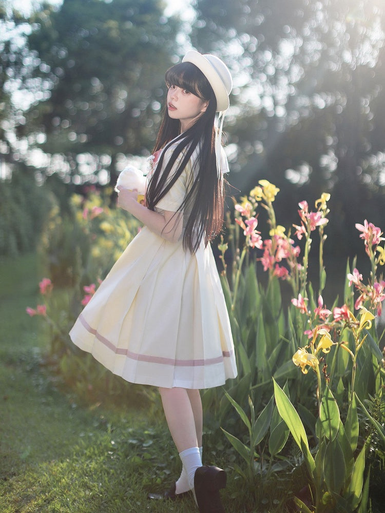 mit Faltenkasten Matrosengelb Milch Taille Kleid Rock Kragen Gürtel