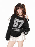 Black One-Shoulder Sweatshirt with Lace Applique and Embroidered Details