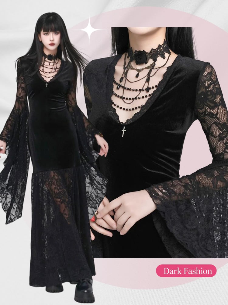 Gothic-Spitzenkleid aus schwarzem Samt mit Glockenärmeln und V-Ausschnitt