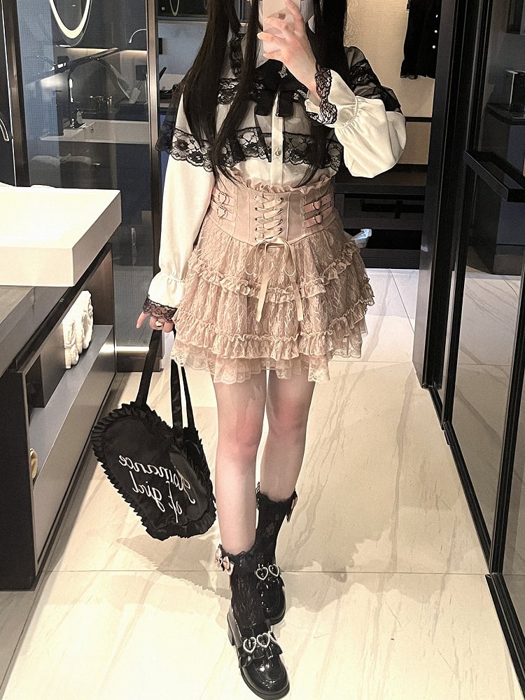 | Tiered Jirai 5 Lace-Up High Skirt Heart Colors Buckles Waist Kei Detail Lace