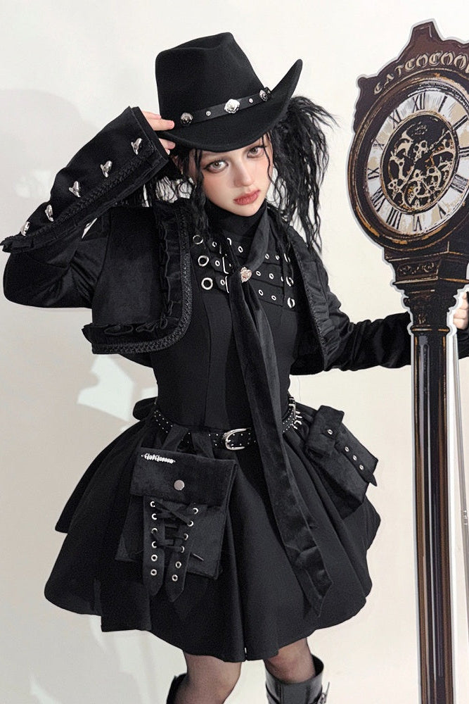 Steampunk Brown x Gothic Black Velvet Ruffle Heart Motif Cuff Cropped Jacket