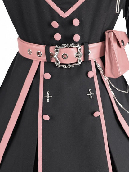 Pink with Military and Design Belt V-neck Lolita Black Ruffled Dress Details Buttons