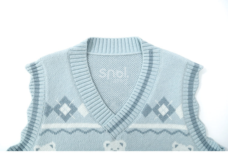 Blue Teddy Bears Pattern Scalloped Edge Trim Vest