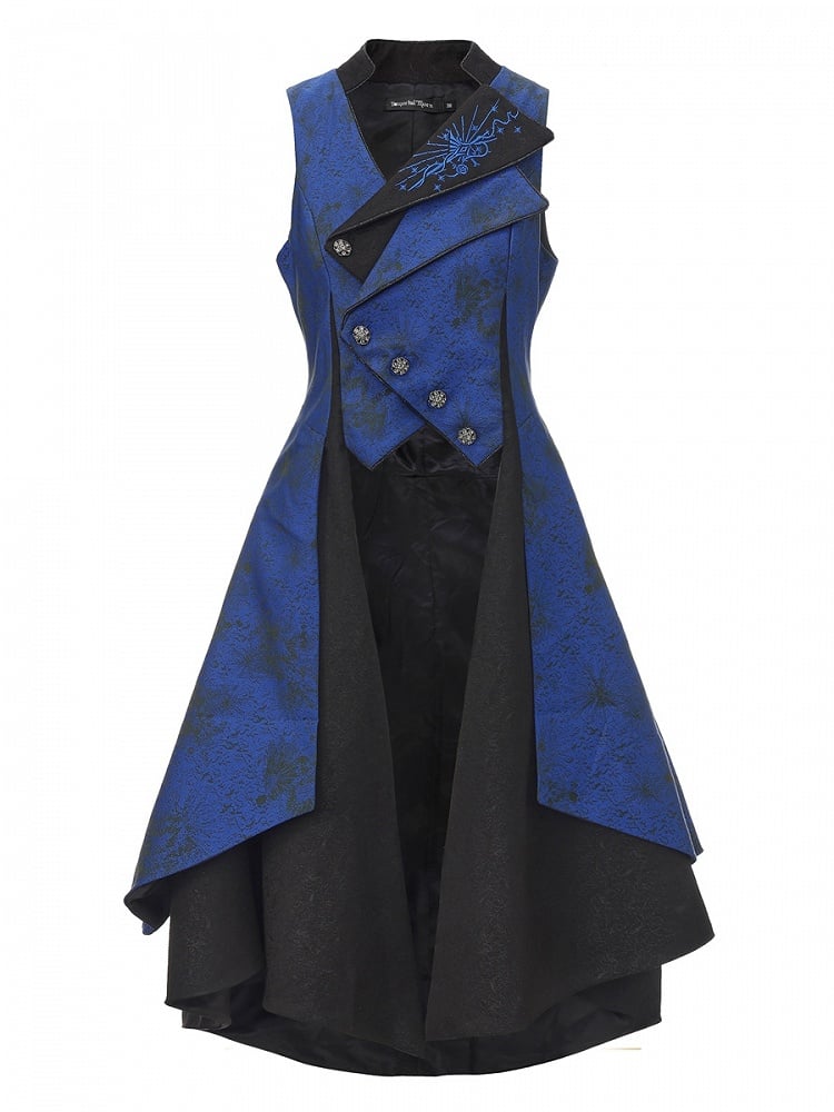Long Sleeveless Coat and Asymmetrical Ouji Waistcoat Blue Dark Black Lolita