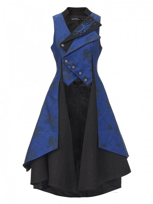 Long Sleeveless Coat and Asymmetrical Ouji Waistcoat Blue Dark Black Lolita