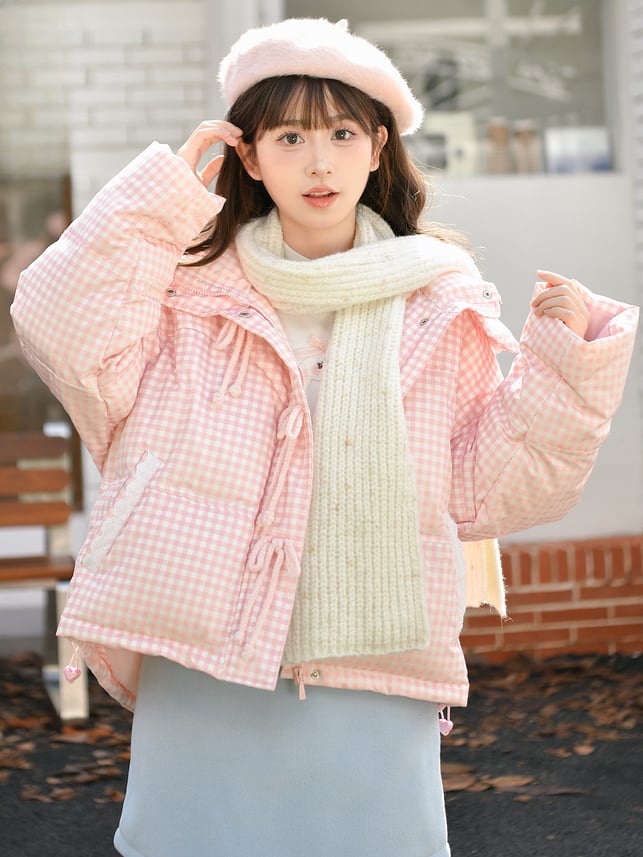 Pink Plaid Hooded Down Sweetheart Button Jacket