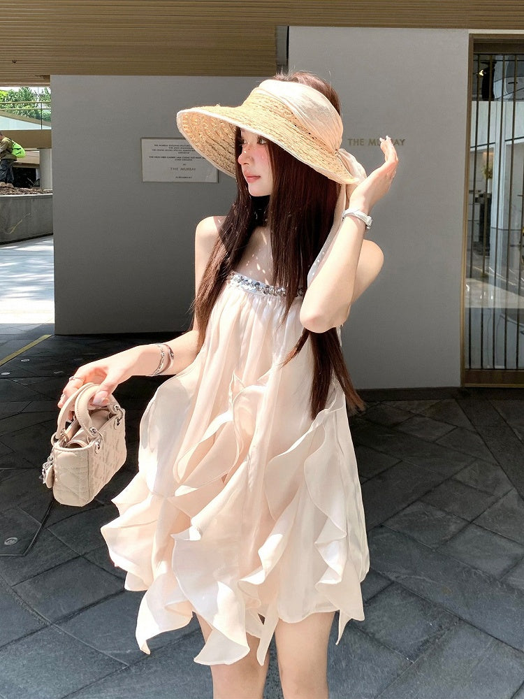 Apricot Sequins Ruffle Hem Summer Holiday Dress - Qchiwawameme