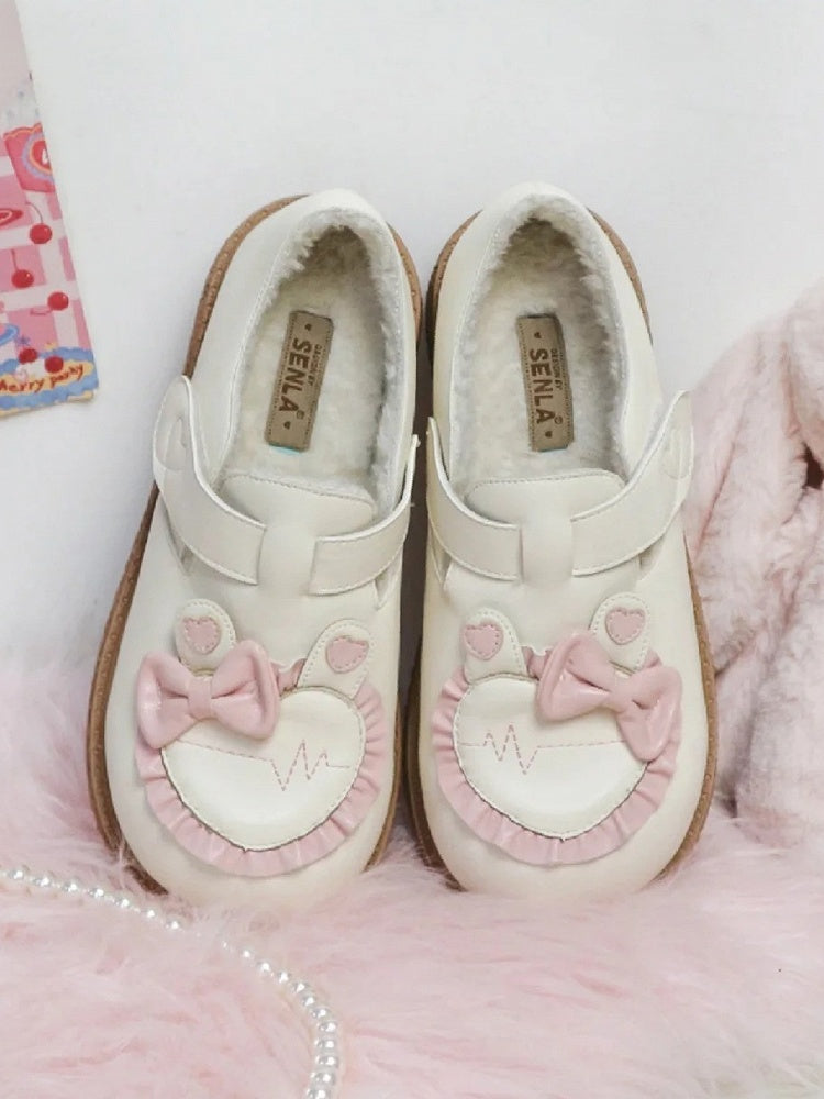 Flat a Trim Lolita Shoes Heart Sweet with Platform 4cm Lined Applique Bunny Ear Winter Ruffle Fleece -