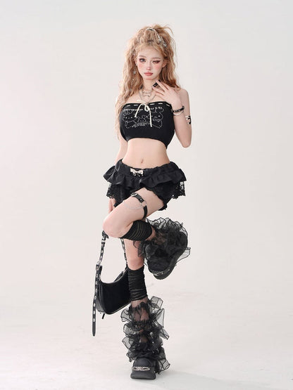 with Gyaru Print Bow Bunny Cute Tube Front Black Top: Tie Crop