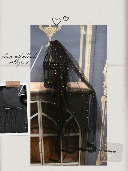 Fancy Peacock Teal Ribbon Bow Christmas Witch Hat with Optional Shiny Veil and Stars Chain