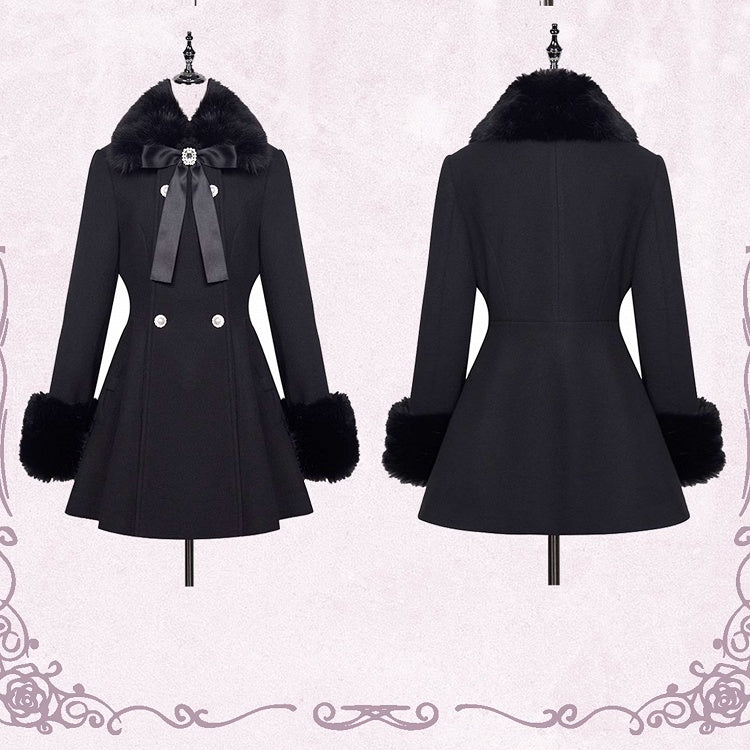 Rhinestone Double Detachable Jirai Kei Big Bow with Black Coat Breasted Fluffy Collar and Cuffs