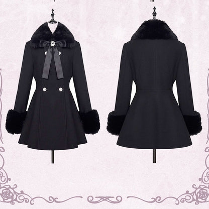 Rhinestone Double Detachable Jirai Kei Big Bow with Black Coat Breasted Fluffy Collar and Cuffs