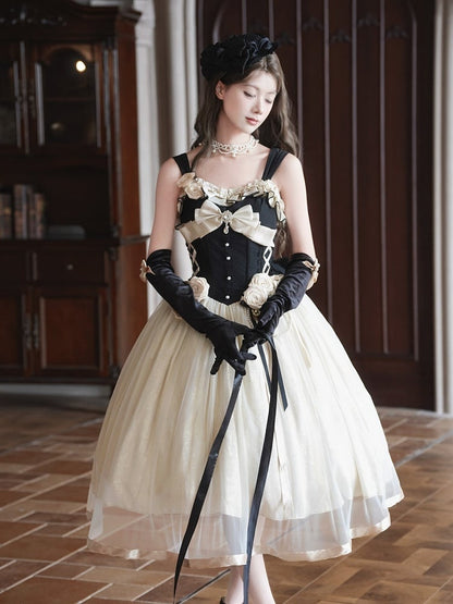 JSK Corset Nœud Abricot avec Ornements Roses en Perles - Qian Mu