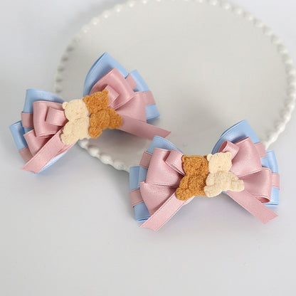 With Blue Two Pink Lolita Bowknot Hairclip Cute Bear Decorations