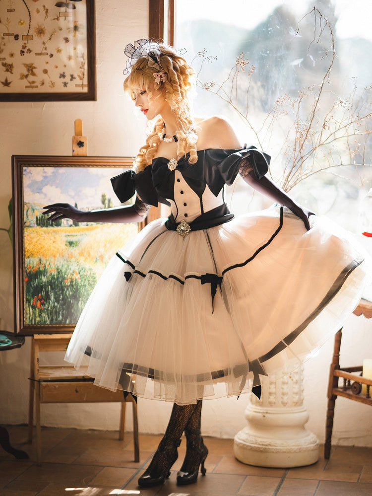 Big Bow Off-the-shoulder Neckline Pink Elegant Tea Party Lolita Tulle Dress