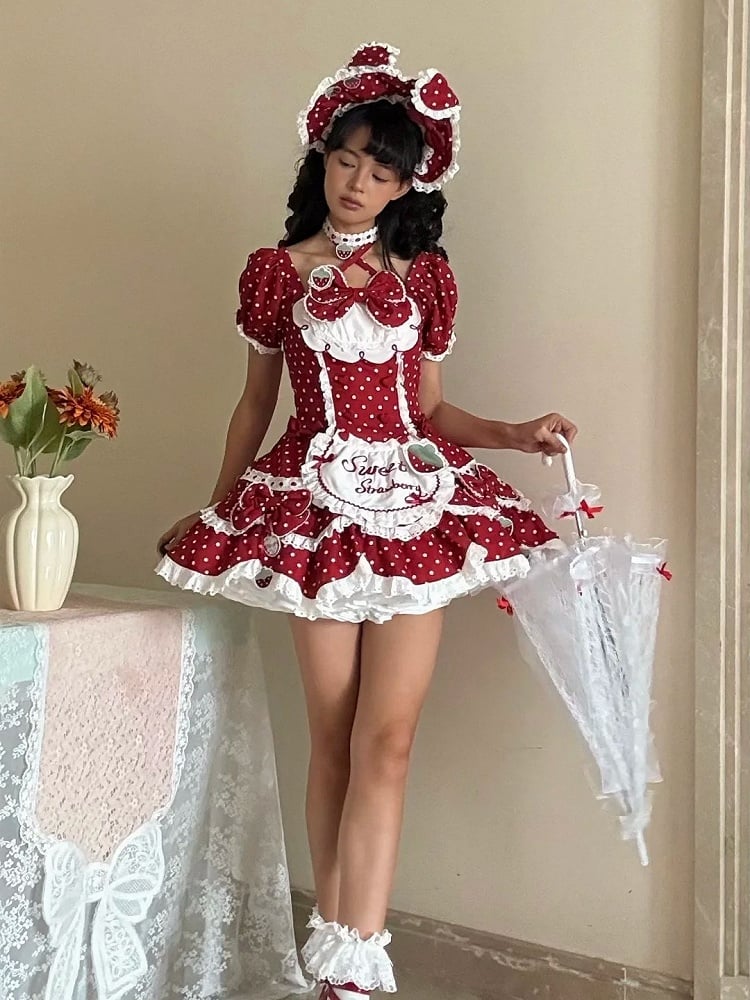 Hairband Retro Themed with Bow Dress Strawberry Ear + Bunny Details OP Polka Lolita Lace Red and Dot