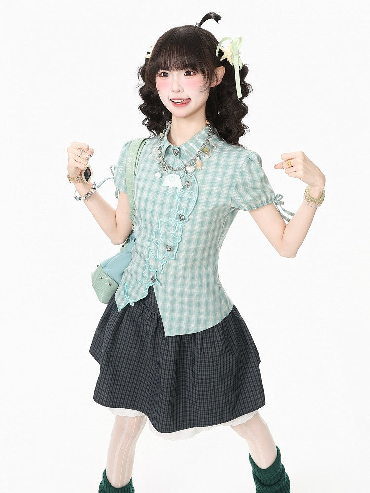 Green Plaid Short Sleeve Shirt with Kitty Embroidery - Languid Park