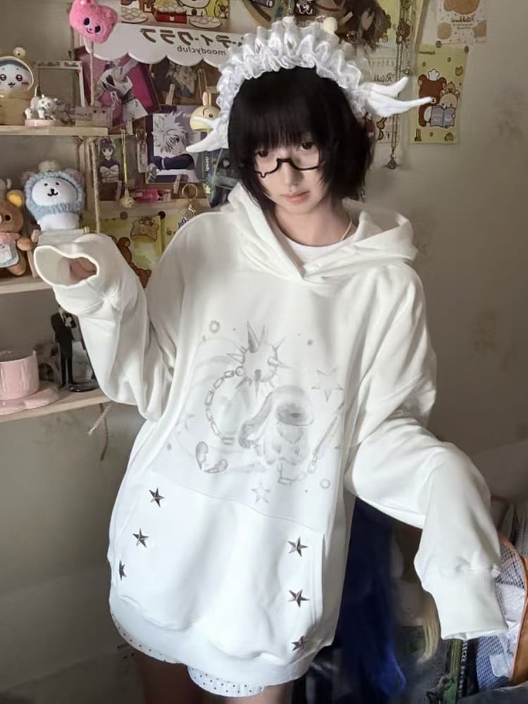 Dreamcore Pockets with White Punk Rabbit Print Studded Star Hoodie