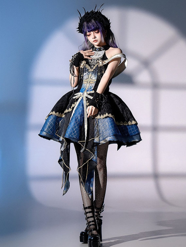 Skirt Gothic Design Cross Off-shoulder and Mock Front Print Jumper Cascading Neck Ruffles