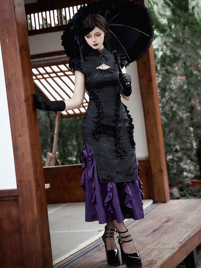Kaskadierende schwarze Vibes Qipao-Besatz Jacquard Lila Lolita-Kleid Qi Saum Cthulhu Rüschen