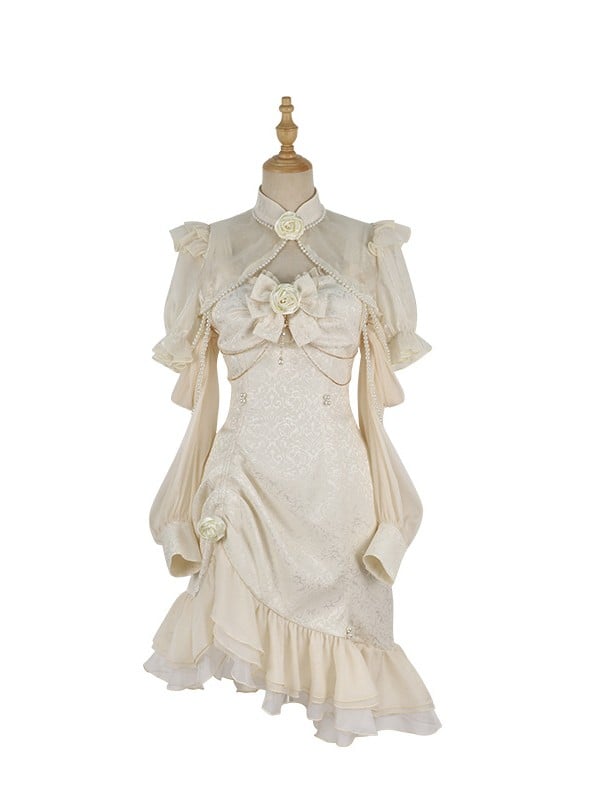 ロリータ マーメイド ローズ ヘムライン フリル ジャカード アイボリー デコレーション ディテール ビーズ JSK