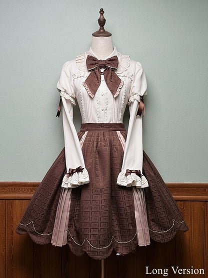 Skirt Sweet Scalloped Chocolate Lolita Brown Pleating Details with Edge Trim
