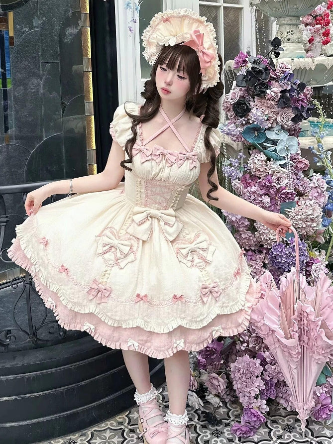 Süßes Lolita-Kleid mit alten rosa Details und einteiligen Schleifen für die Schule, hellgelbe kurze Ärmel