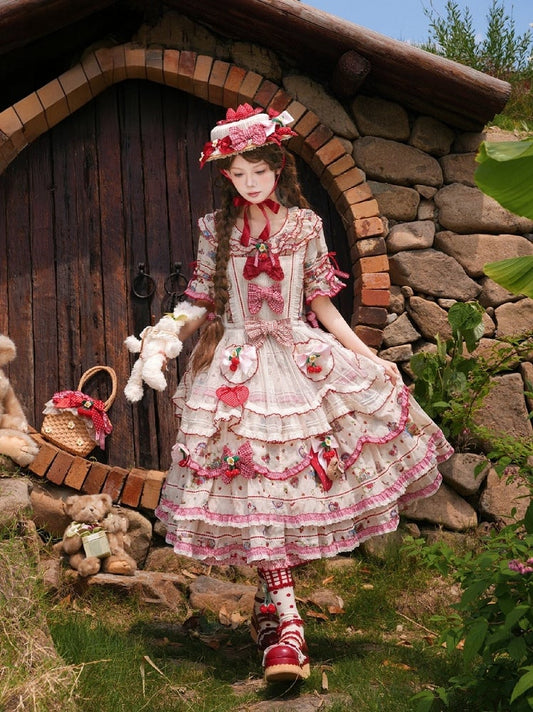 Robe OP Lolita Cottagecore à Manches Courtes Volants Rouge Beige - DrunkCoco