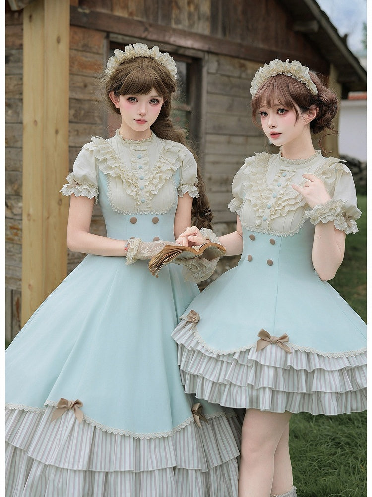 Graceful Long Dress in Beige and Blue with Scalloped Hem and Tiered Layers - With PUJI
