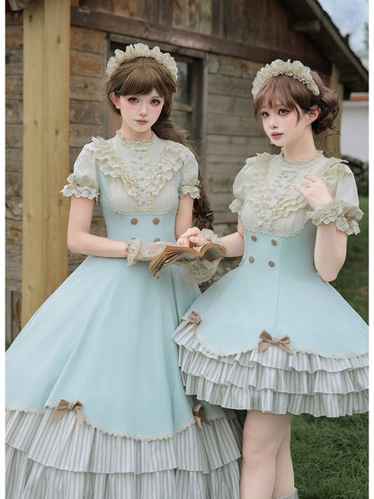 Graceful Long Dress in Beige and Blue with Scalloped Hem and Tiered Layers - With PUJI