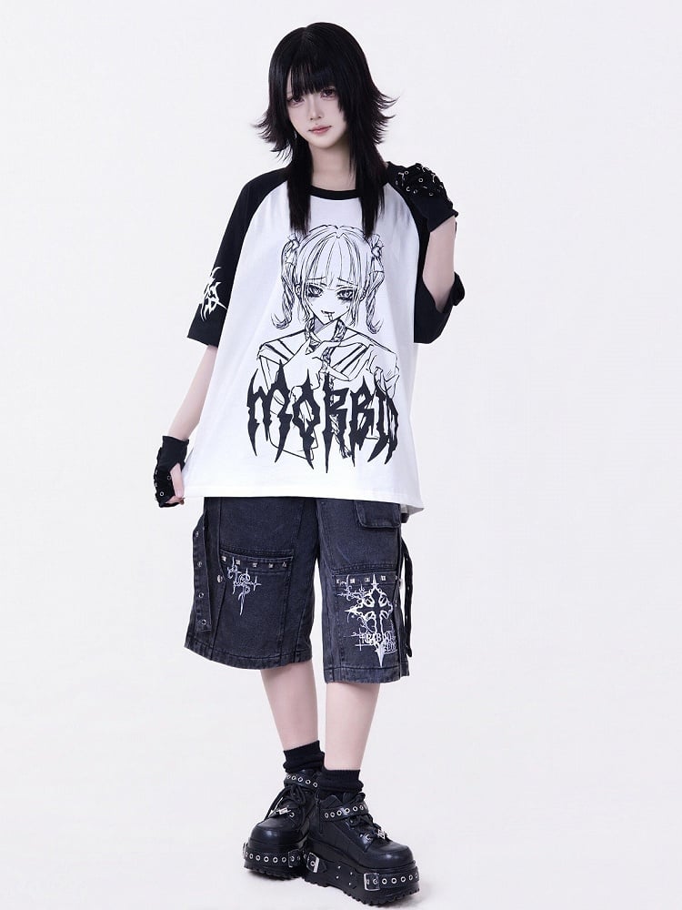 Dark Otaku Black Anime Girl Print Short Sleeve T-Shirt - Tribuo Flos