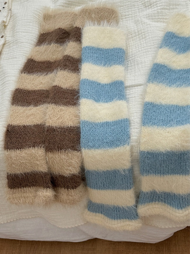 Y2K Striped Pattern Knitted Plush Leg Warmers