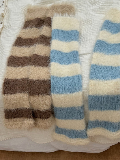 Y2K Striped Pattern Knitted Plush Leg Warmers