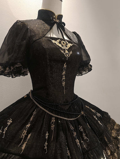 Shimmering Black Gold Chinoiserie Lolita OP with Chinese Embroidery Flounce Hem - YING YUE