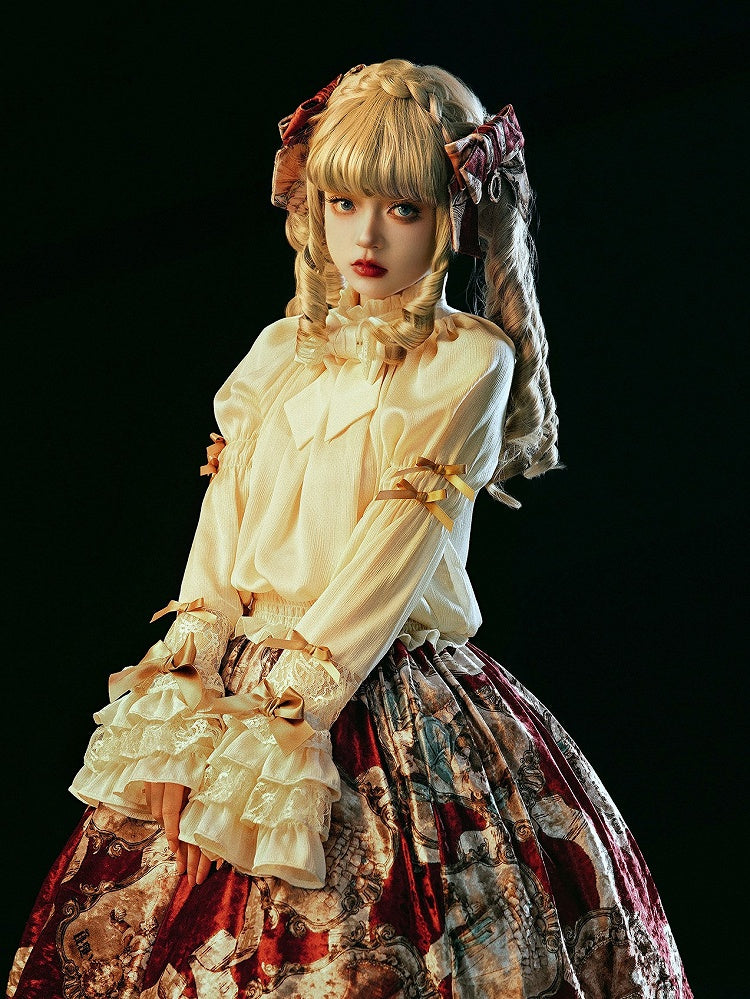 Sleeves Bell Details Rufflesand Lace Blousewith Lolita Apricot Bow