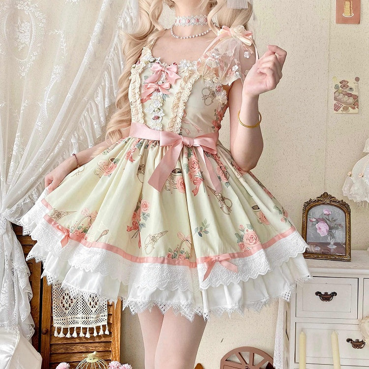 Kurzer Lolita-Print, Taille, Sommerrock, Kleid, hoher Rosettenpullover
