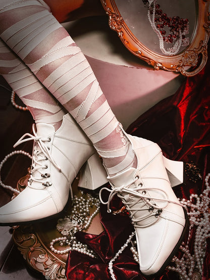 Wineglass-shaped Ties Heel White Boots Gothic Lace-up Front