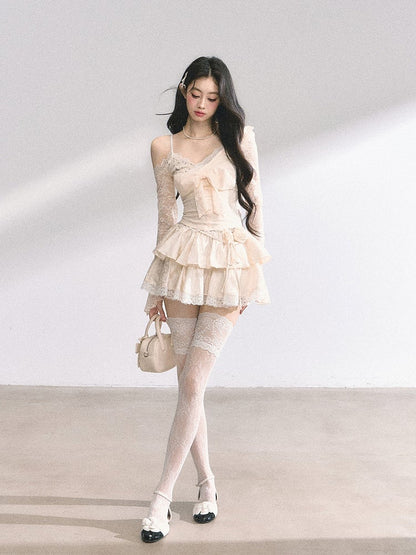 スカート ブラック/アプリコット 伸縮性ウエスト レーストリム 花柄 ティアード ミニ