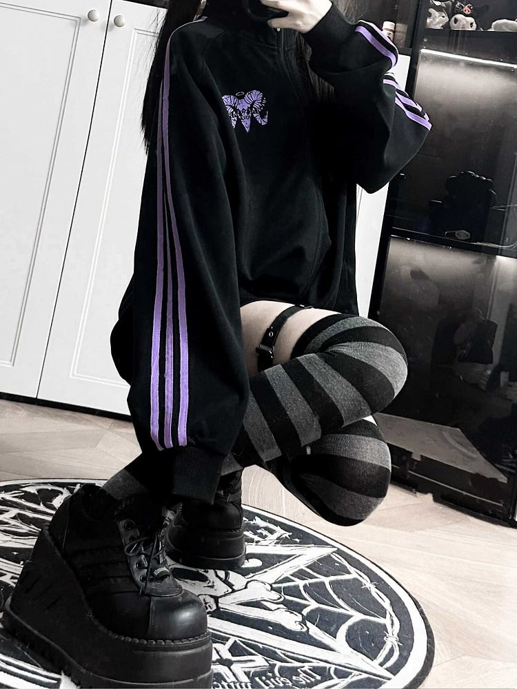 Jacket Print Gothic Jirai Cross Purple Long-Sleeve Kei Black