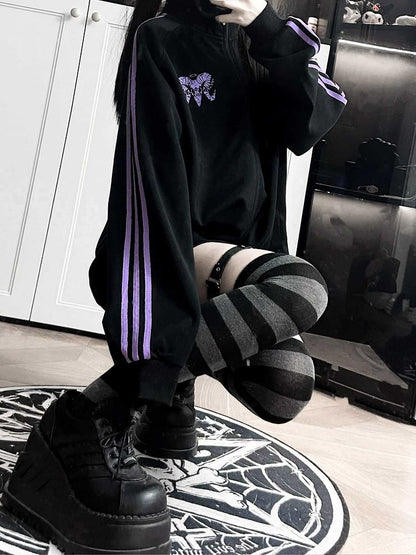 Jacket Print Gothic Jirai Cross Purple Long-Sleeve Kei Black